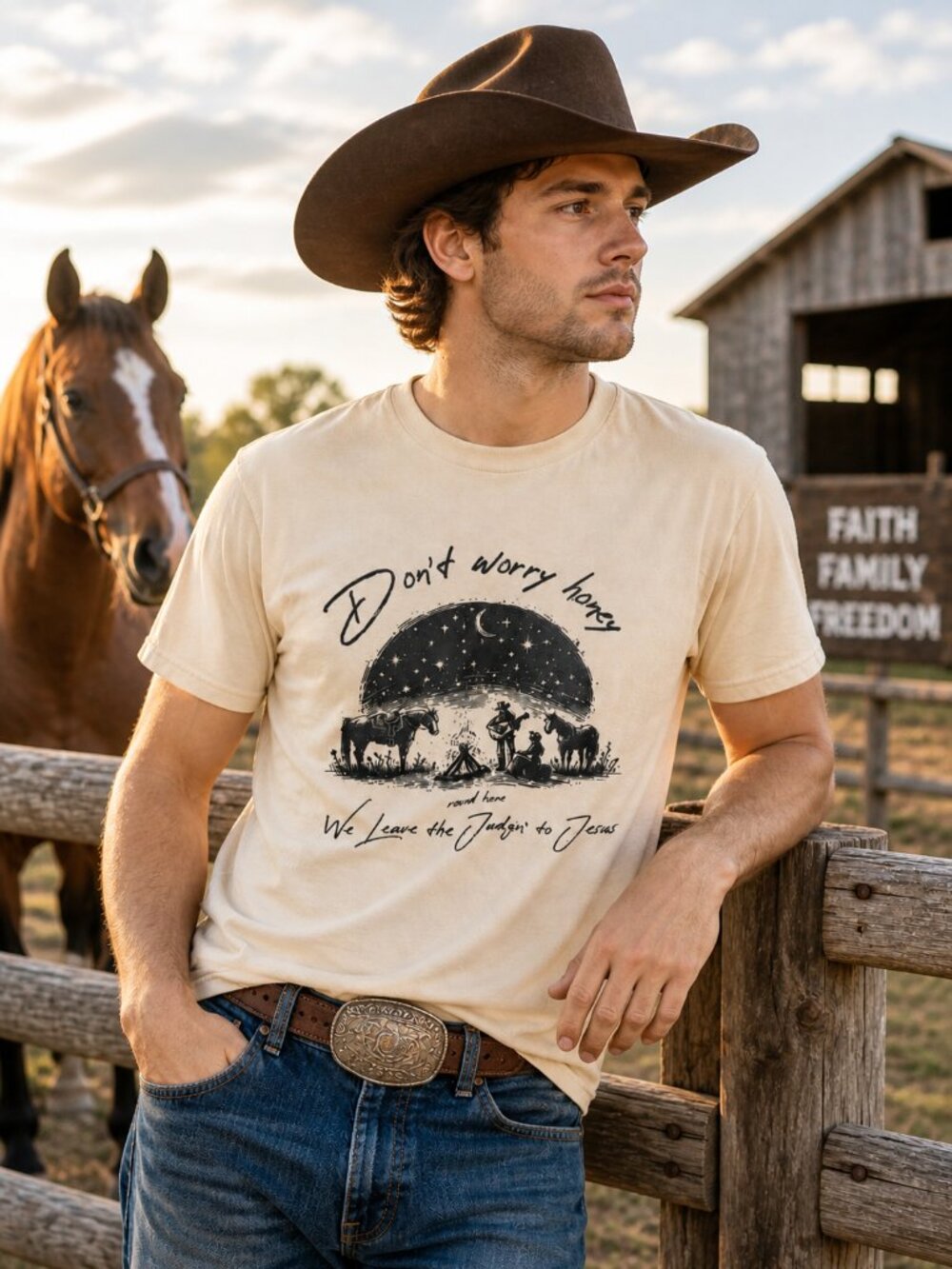 Tan Short Sleeve Graphic Tee with Black Print Faith Forgiveness Western SZ XL